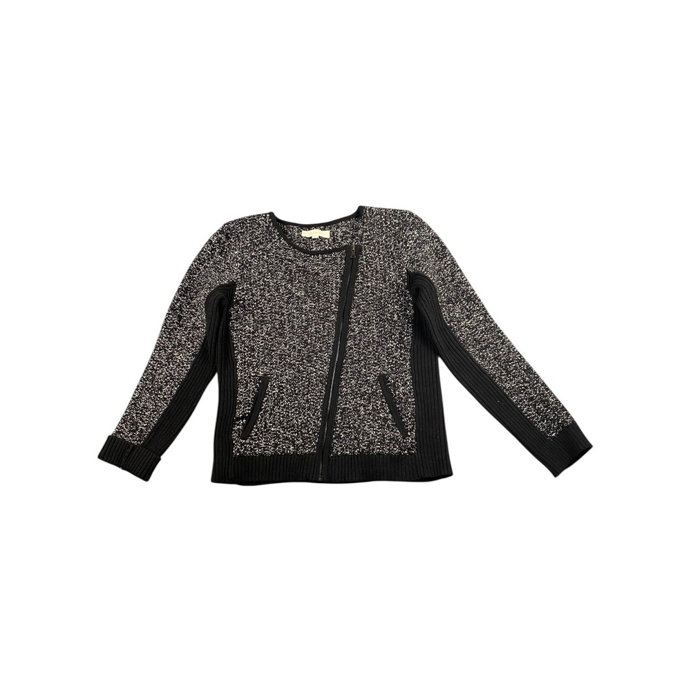 LOFT Black White Tweed Knit Zipper Moto‎ Jacket Cardigan Sweater Women's Large